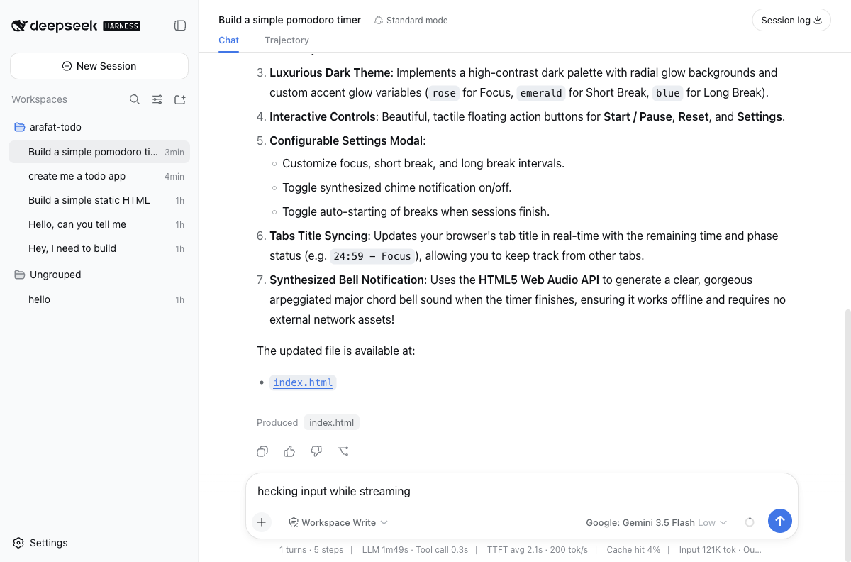 Main chat interface of DeepSeek Harness, showing the sidebar with past sessions and a text box asking what to build