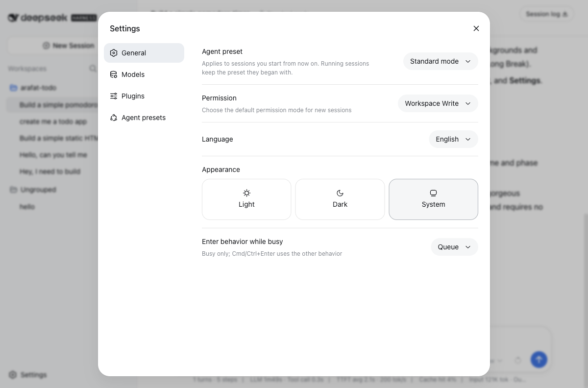 Settings screen showing the permission-mode selector, ranging from workspace-only access up to a mode explicitly labeled danger-full-access