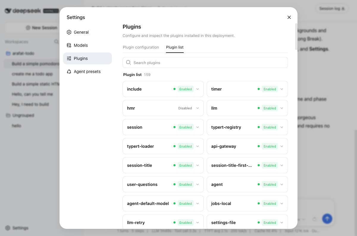 Settings panel listing 159 installed plugins, each with its own enable or disable toggle, including session, llm, api-gateway, and jobs-local