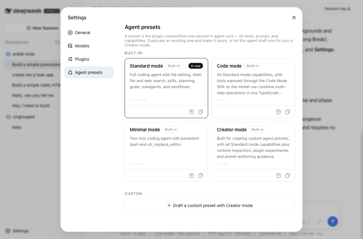 Four built-in agent presets, Standard mode, Code mode, Minimal mode, and Creator mode, each describing a different set of capabilities
