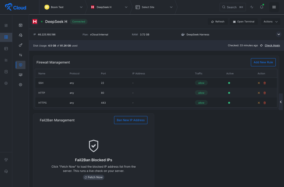 Firewall management page showing SSH, HTTP, and HTTPS as the only allowed inbound rules, with all other ports blocked by default