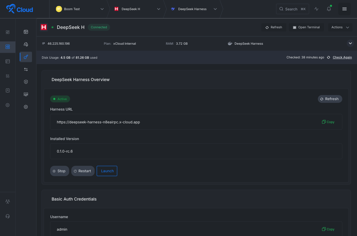Server status page for the DeepSeek Harness stack showing the service marked Active, with working Stop, Restart, and Launch buttons