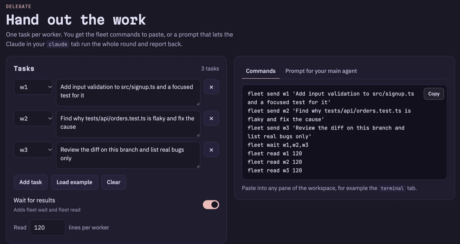 herdr-setup delegation builder with three tasks assigned to workers w1, w2 and w3 on the left and the generated fleet send, fleet wait and fleet read commands on the right, ready to copy